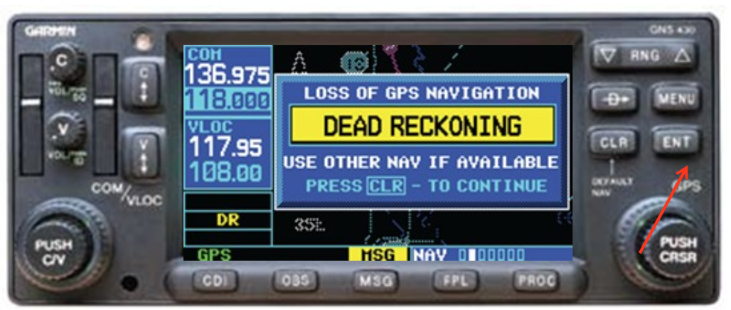 GPS navigation loss warning displayed on the aircraft navigation system