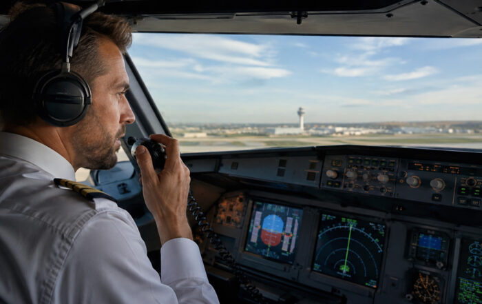 Piloto realizando comunicação aeronáutica por rádio no cockpit