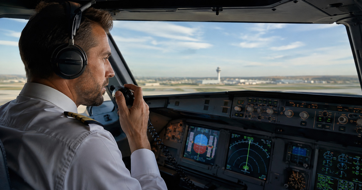 Piloto realizando comunicação aeronáutica por rádio no cockpit