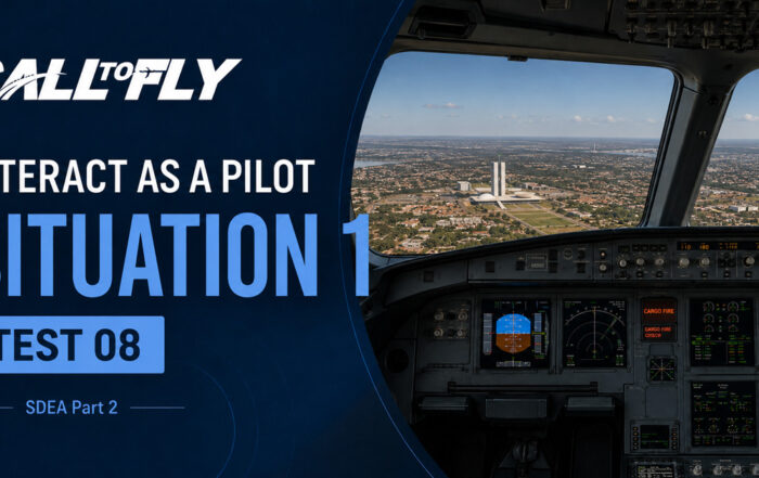 Cockpit em voo sobre Brasília com indicação de cargo fire no exercício Interact as a Pilot – Situation 1