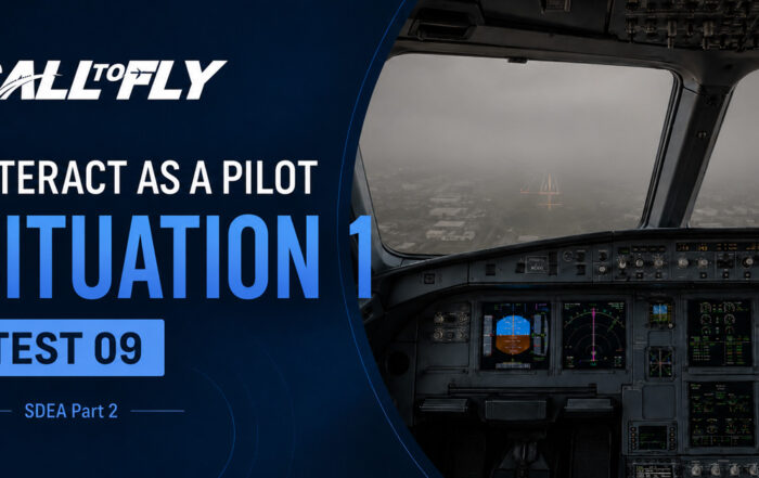 Cockpit em aproximação com baixa visibilidade e procedimento ILS no exercício Interact as a Pilot – Situation 1