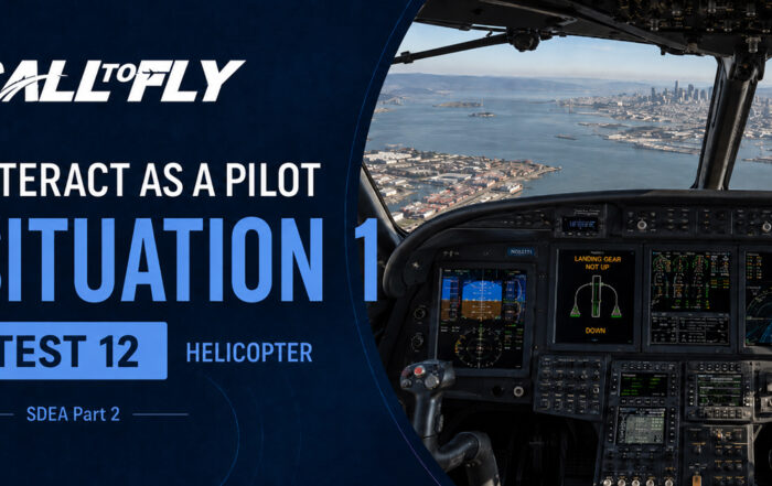 Cockpit de helicóptero bimotor em voo sobre Oakland com problema no recolhimento do trem de pouso no exercício Interact as a Pilot – Situation 1