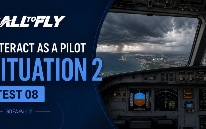 Cockpit em voo próximo a Lisboa com mau tempo e desvio no exercício Interact as a Pilot – Situation 2