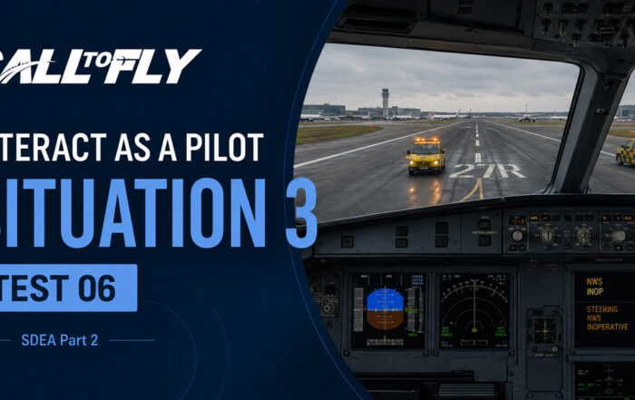 Cockpit parado na pista em Heathrow com falha no nose wheel steering no exercício Interact as a Pilot – Situation 3