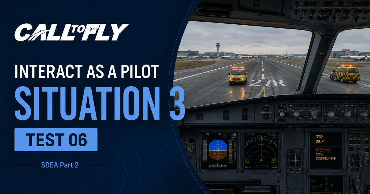 Cockpit parado na pista em Heathrow com falha no nose wheel steering no exercício Interact as a Pilot – Situation 3