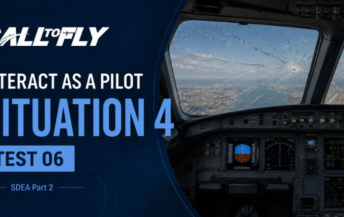 Cockpit em voo com para-brisa trincado após a decolagem no exercício Interact as a Pilot – Situation 4