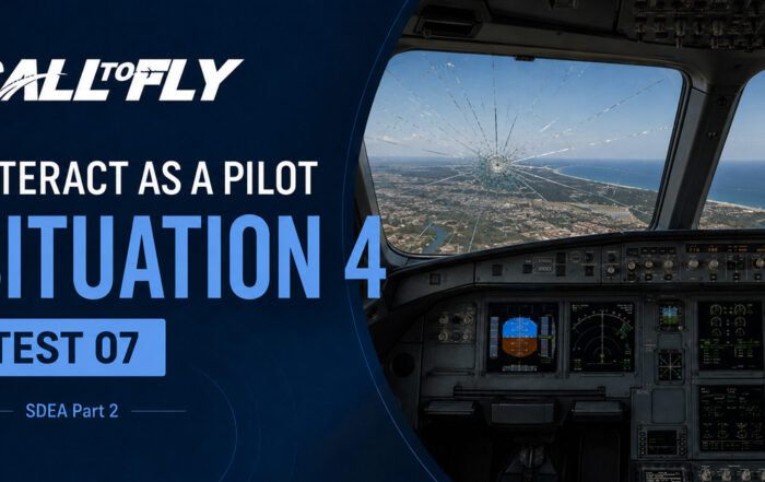 Cockpit em voo com para-brisa trincado após a decolagem no exercício Interact as a Pilot – Situation 4