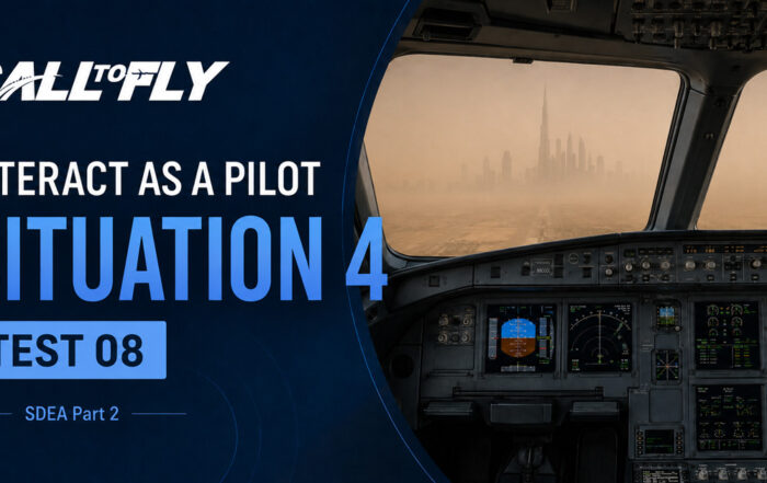 Cockpit em aproximação a Dubai durante sandstorm com baixa visibilidade no exercício Interact as a Pilot – Situation 4