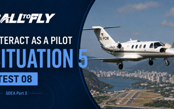 Citation jet em voo sobre Jacarepaguá com nose baggage compartment aberto no exercício Interact as a Pilot – Situation 5