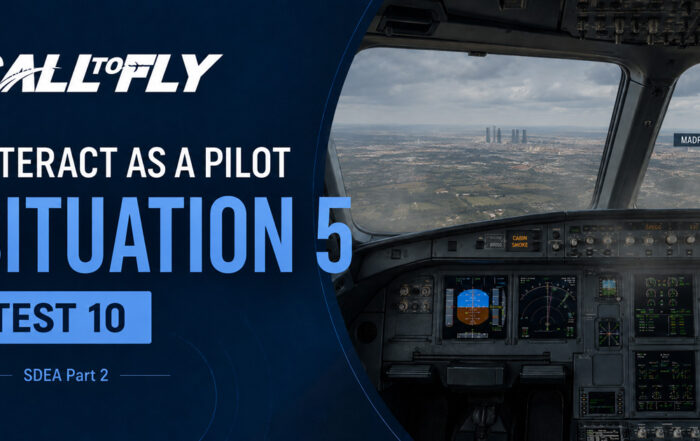 Cockpit em voo próximo a Madrid com indicação de cabin smoke no exercício Interact as a Pilot – Situation 5