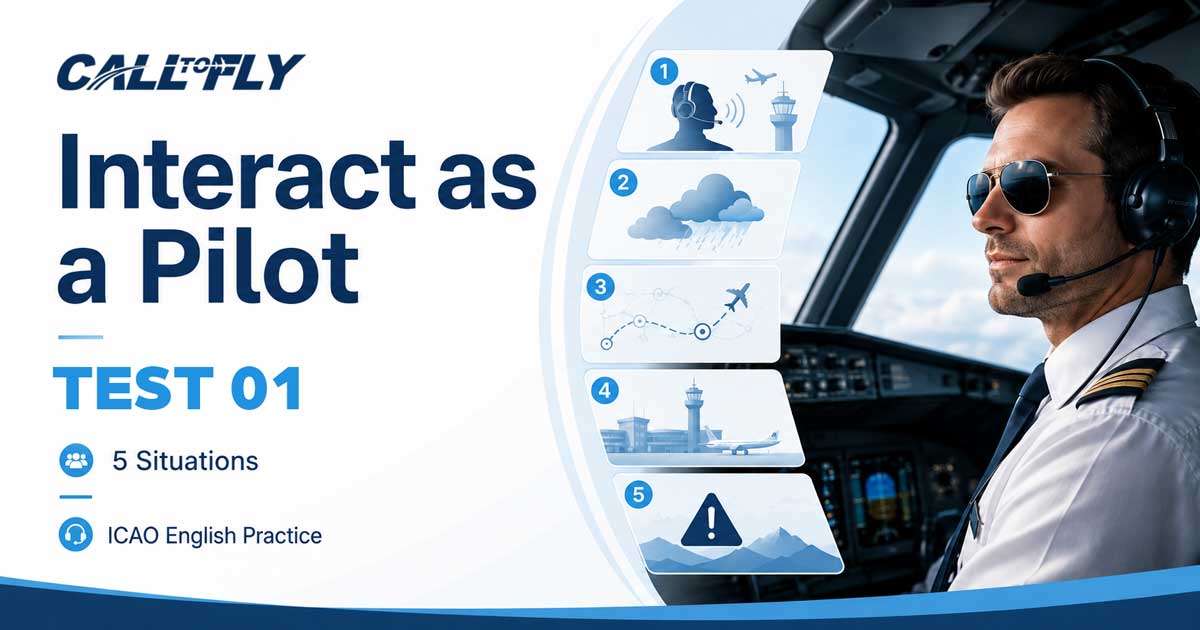 Interact as a Pilot Test 01 with 5 aviation situations for ICAO English practice by Call to Fly
