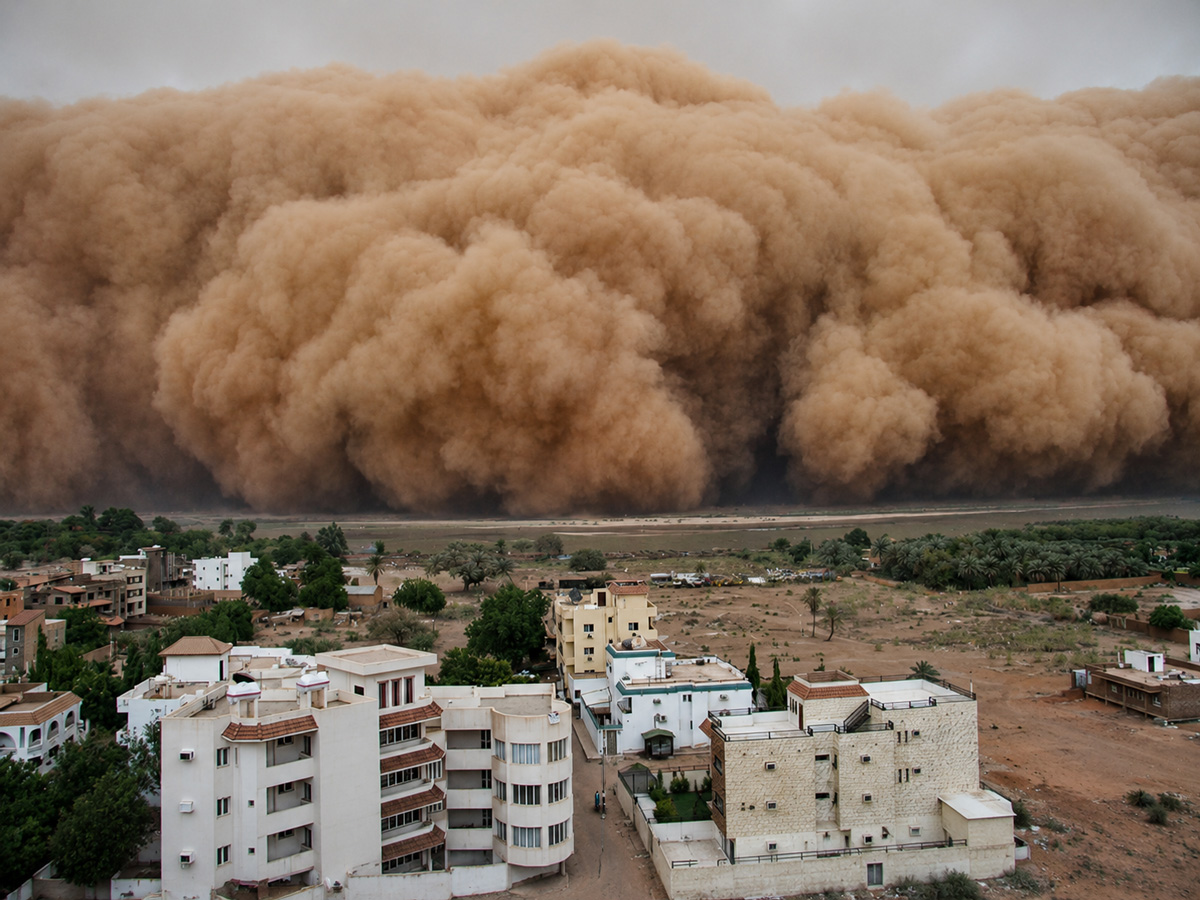 Sandstorm approaching an urban area near an airport