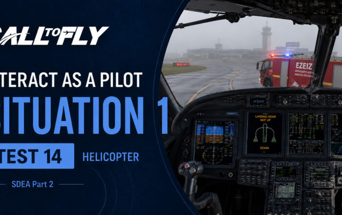 Cockpit de helicóptero em Ezeiza com baixa visibilidade e caminhão de bombeiros próximo à aeronave no exercício Interact as a Pilot – Situation 1