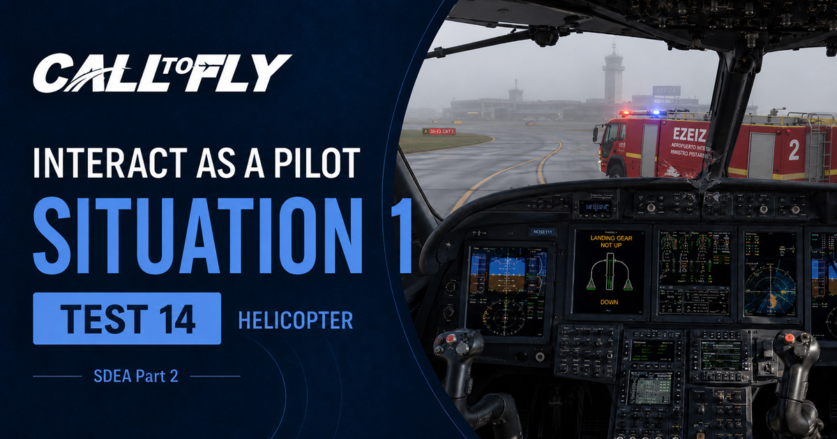 Cockpit de helicóptero em Ezeiza com baixa visibilidade e caminhão de bombeiros próximo à aeronave no exercício Interact as a Pilot – Situation 1