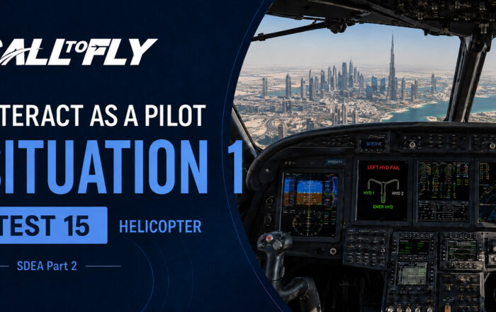 Cockpit de helicóptero em aproximação para Dubai com falha do sistema hidráulico esquerdo no exercício Interact as a Pilot – Situation 1