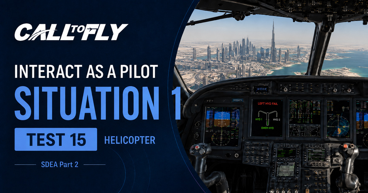 Cockpit de helicóptero em aproximação para Dubai com falha do sistema hidráulico esquerdo no exercício Interact as a Pilot – Situation 1