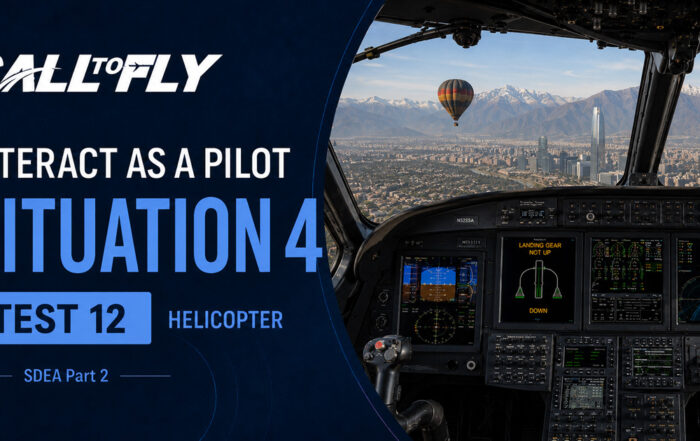 Cockpit de helicóptero em aproximação para Santiago com balão de ar quente à frente no exercício Interact as a Pilot – Situation 4