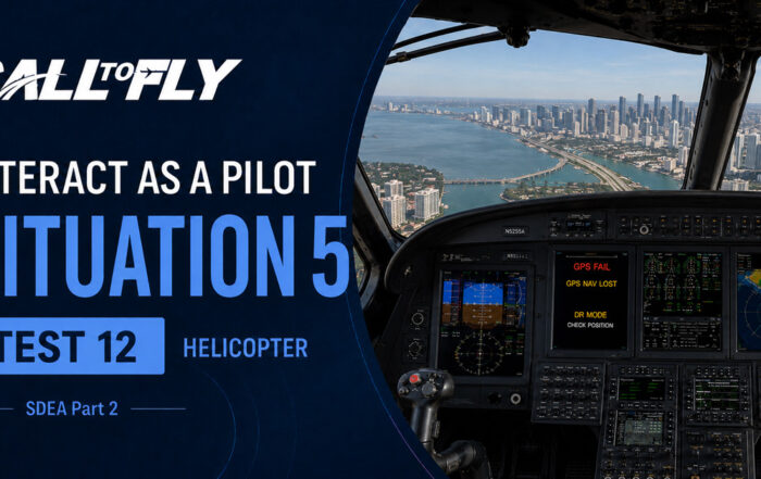 Cockpit de helicóptero em voo sobre Miami com falha de GPS e navegação em dead reckoning no exercício Interact as a Pilot – Situation 5