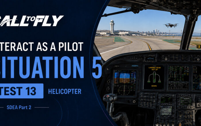 Cockpit de helicóptero taxiando em San Francisco com drone próximo à aeronave no exercício Interact as a Pilot – Situation 5