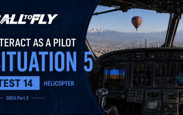 Cockpit de helicóptero em aproximação para Santiago com balão de ar quente à frente no exercício Interact as a Pilot – Situation 5