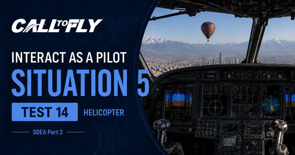 Cockpit de helicóptero em aproximação para Santiago com balão de ar quente à frente no exercício Interact as a Pilot – Situation 5