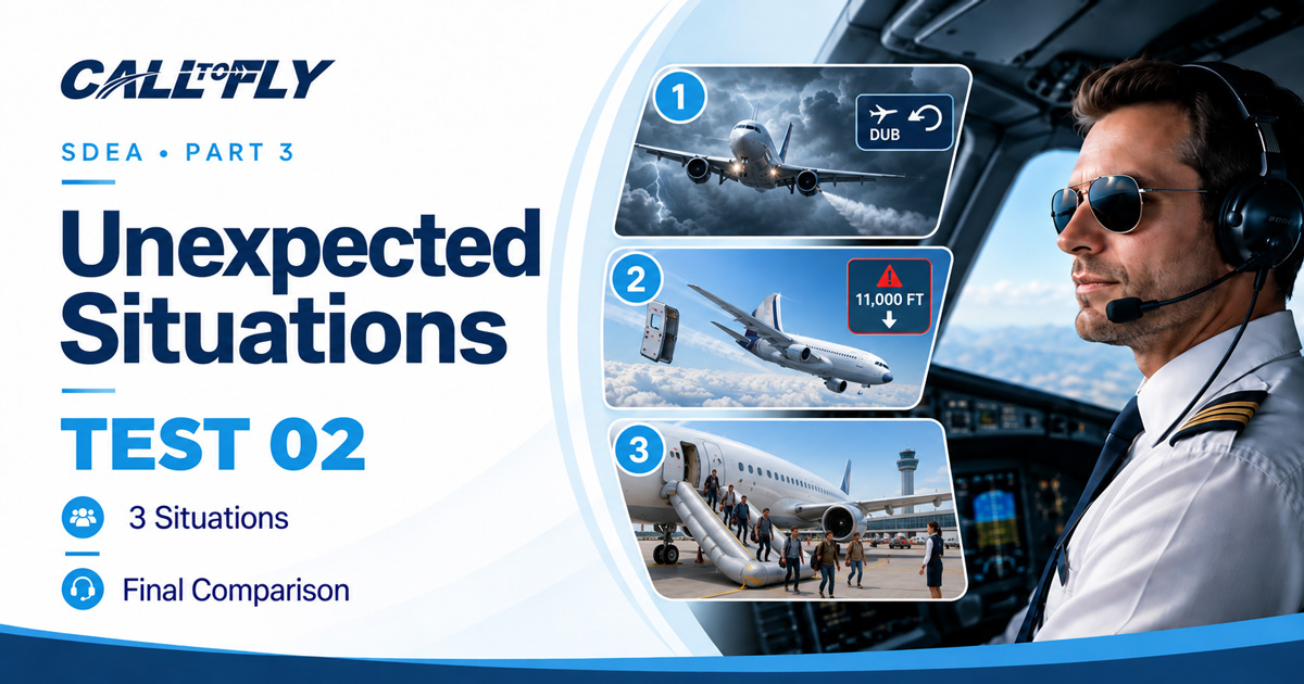 Unexpected Situations Test 02 do SDEA Part 3 com três situações práticas para treino de inglês aeronáutico no Call to Fly