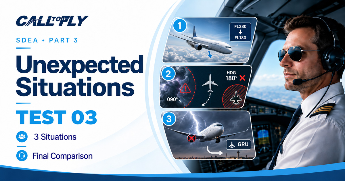 Banner do Call to Fly para o Unexpected Situations Test 03 do SDEA Part 3, com três situações de voo e final comparison.