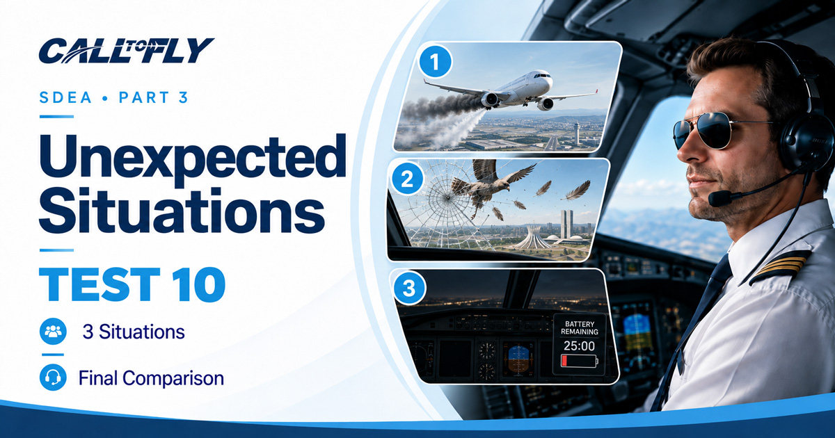 Unexpected Situations Test 10 da Call to Fly para o SDEA Part 3, com três situações de aviação para treino de inglês ICAO.