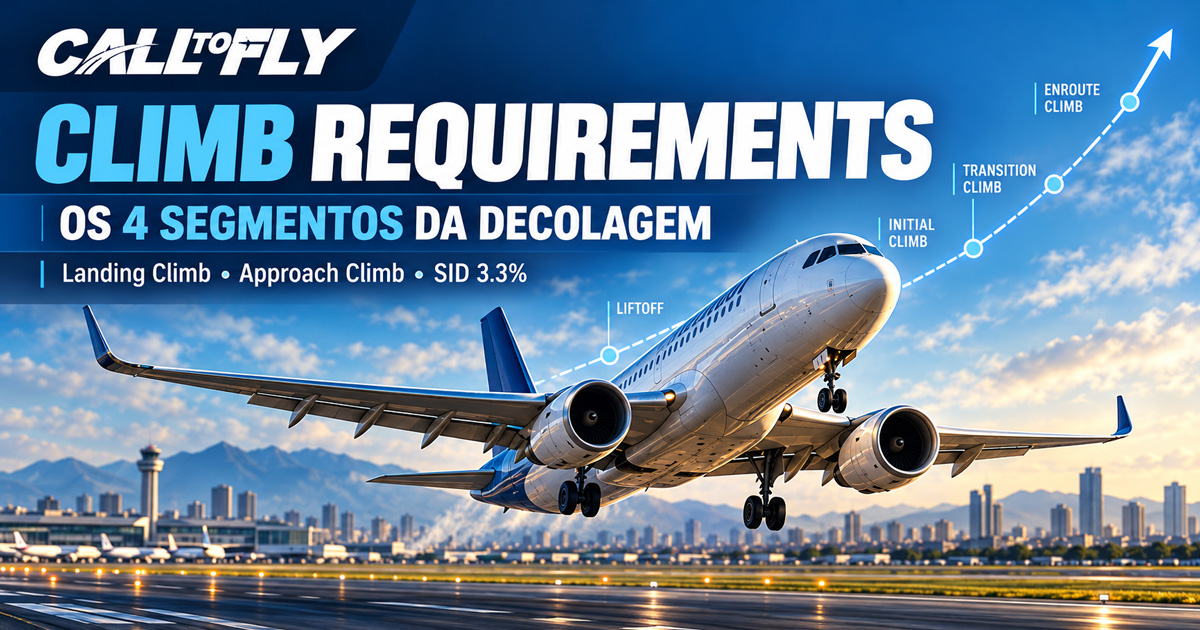 Aeronave comercial decolando com ilustração dos Climb Requirements e dos quatro segmentos da decolagem.