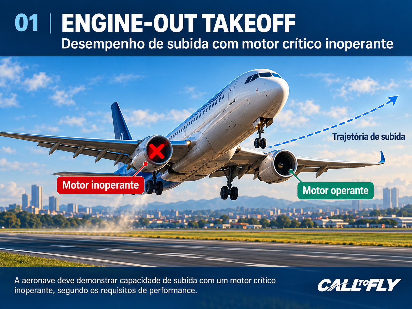 Aeronave bimotora em decolagem com motor crítico inoperante, ilustrando os Climb Requirements